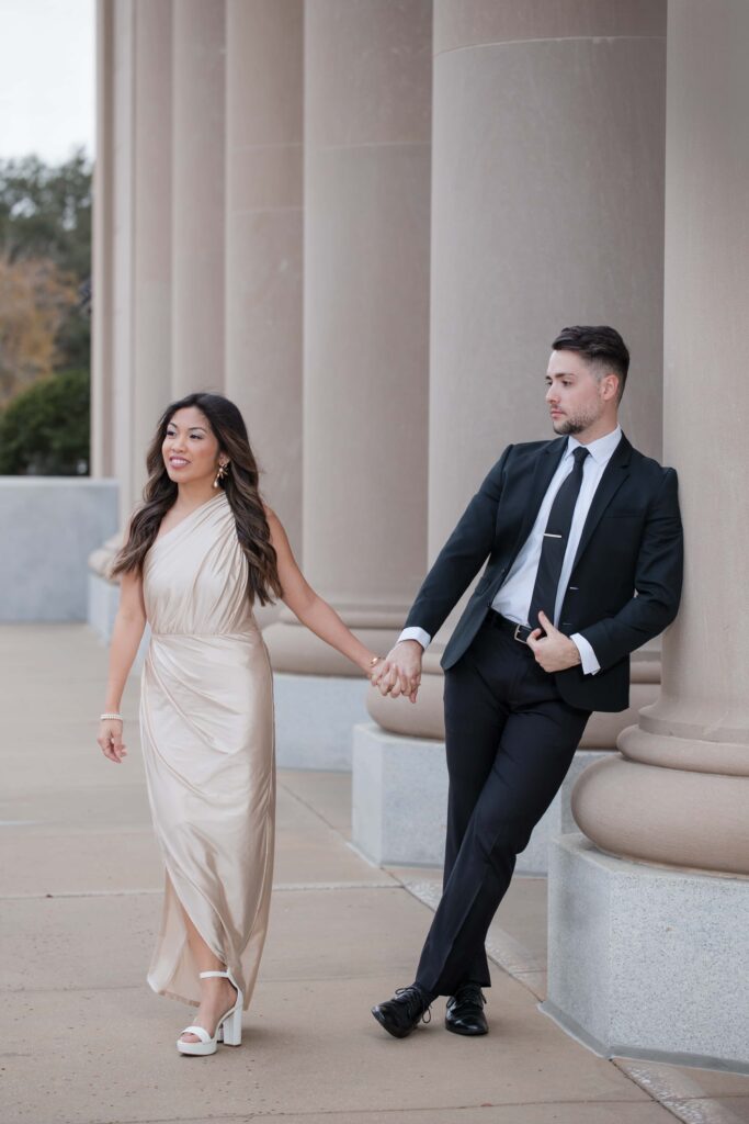 Couple in formalwear during golden hour downtown photo shoot