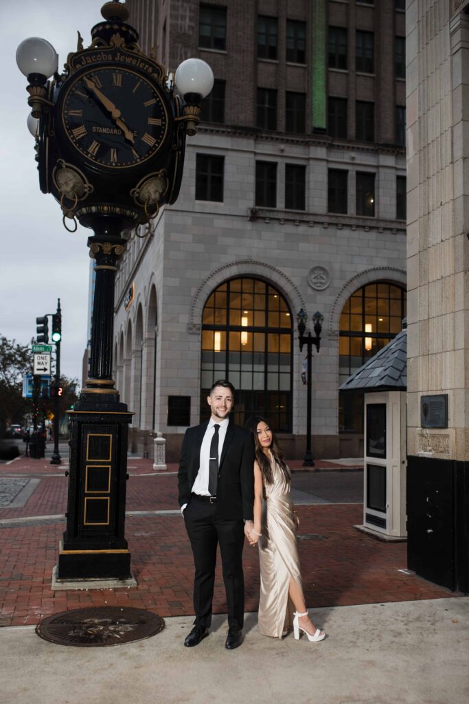 Romantic couple dressed up for luxury engagement shoot in Jacksonville