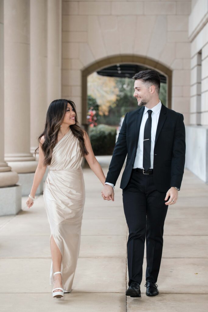 Couple gazing at each other during stylish engagement session | Downtown Jacksonville