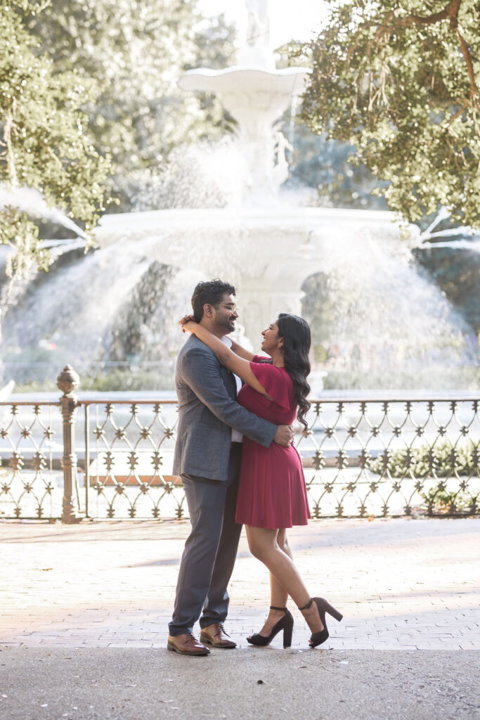 Engagement photo at Forsyth Park, Savannah GA by Phavy Photography