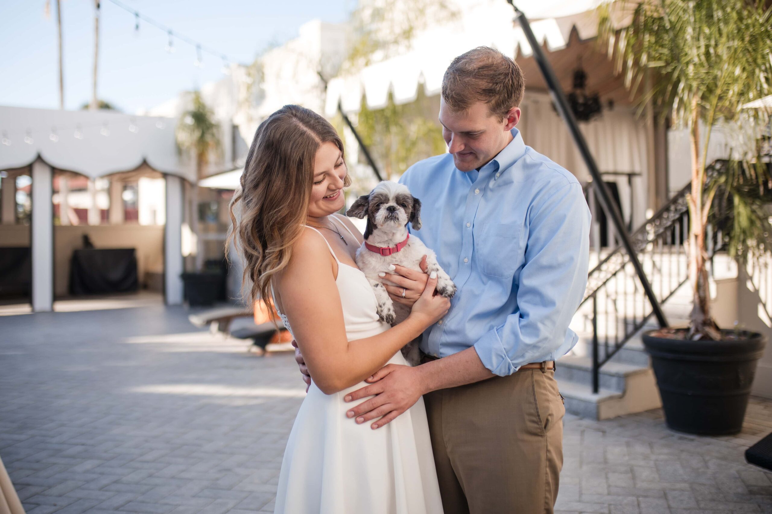 Couple included their puppy in their engagement photos. Photos taken in St. Augustine by Phavy Photography