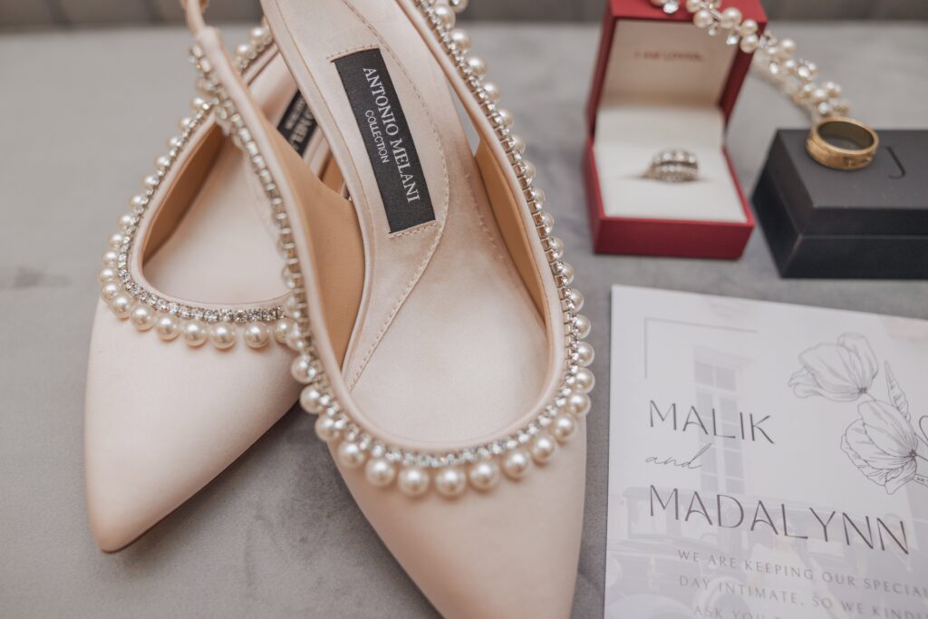 Detail photos - bridal shoes, invitation, and rings