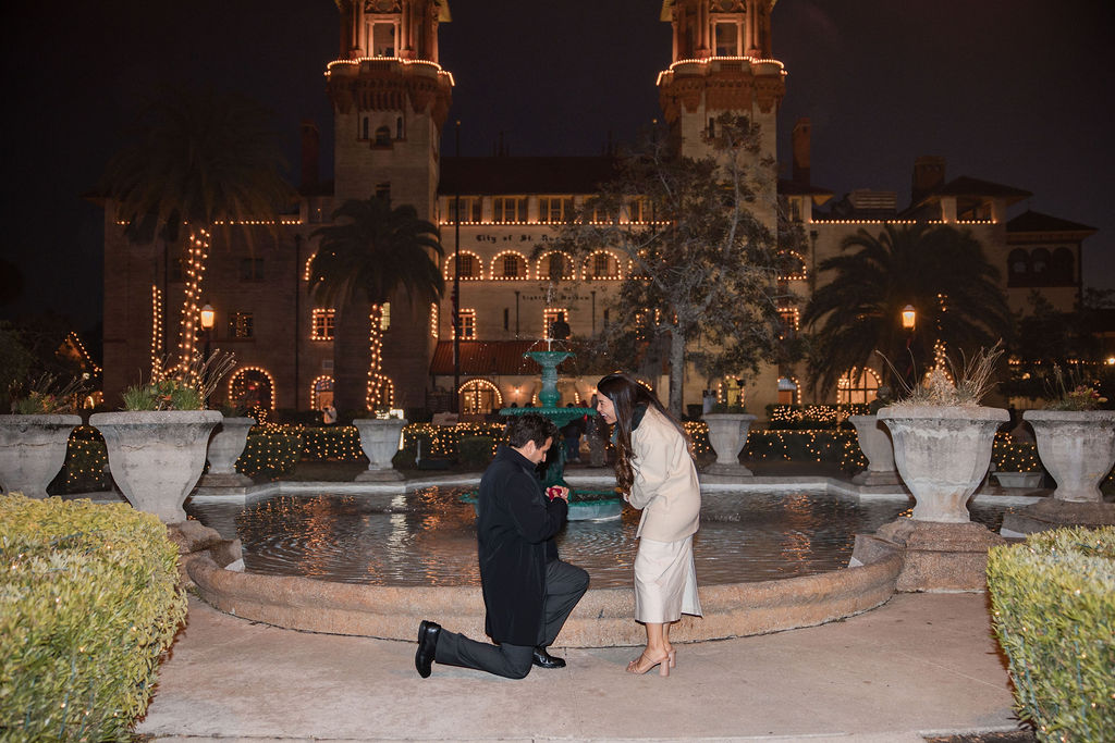 Proposing in front of The Lightner Museum Fountain - St. Augustine Proposals