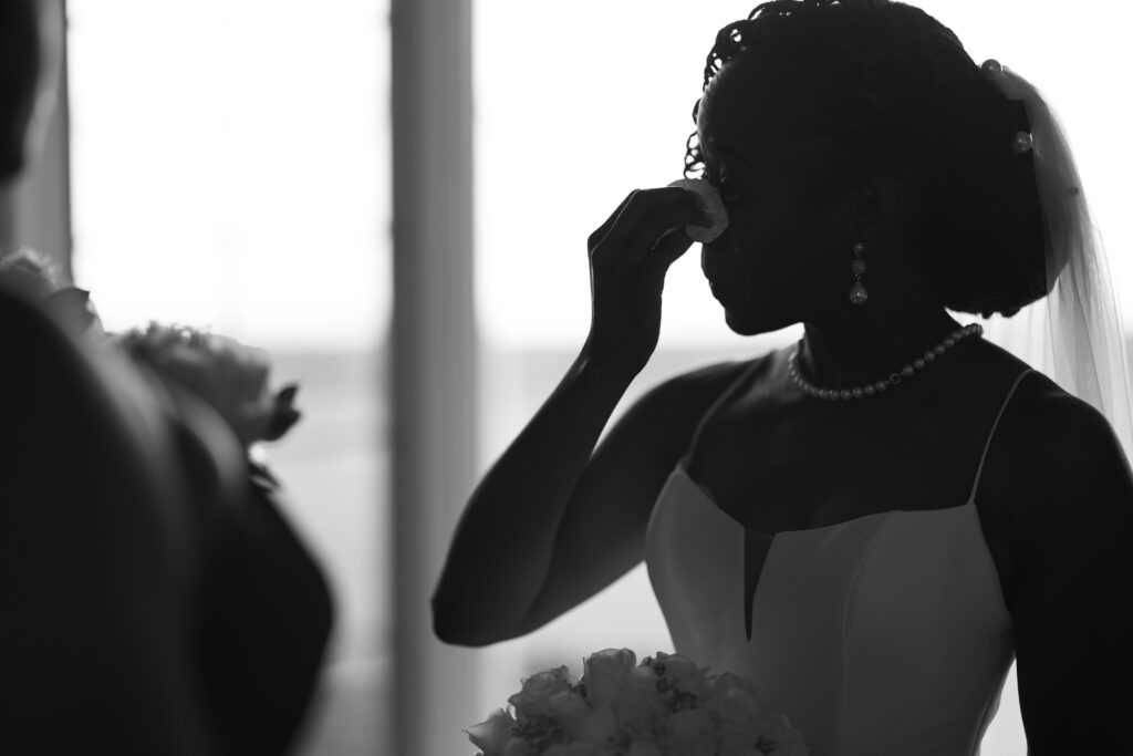 Emotional bridal moment captured in black and white by an Orange Park wedding photographer.
