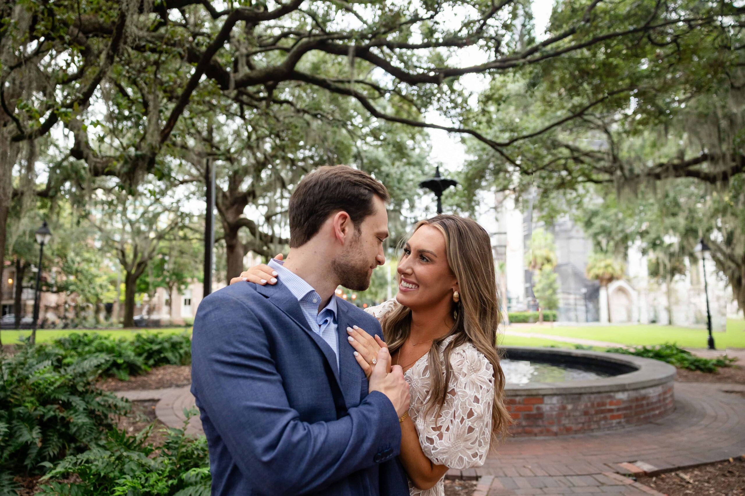 Engagement photo at Lafayette Square, Savannah, GA