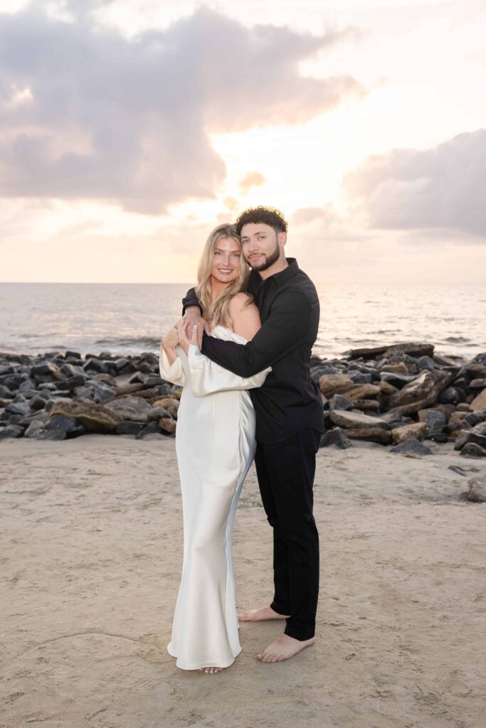 Engagement session - bride in silky cream dress, groom in all black