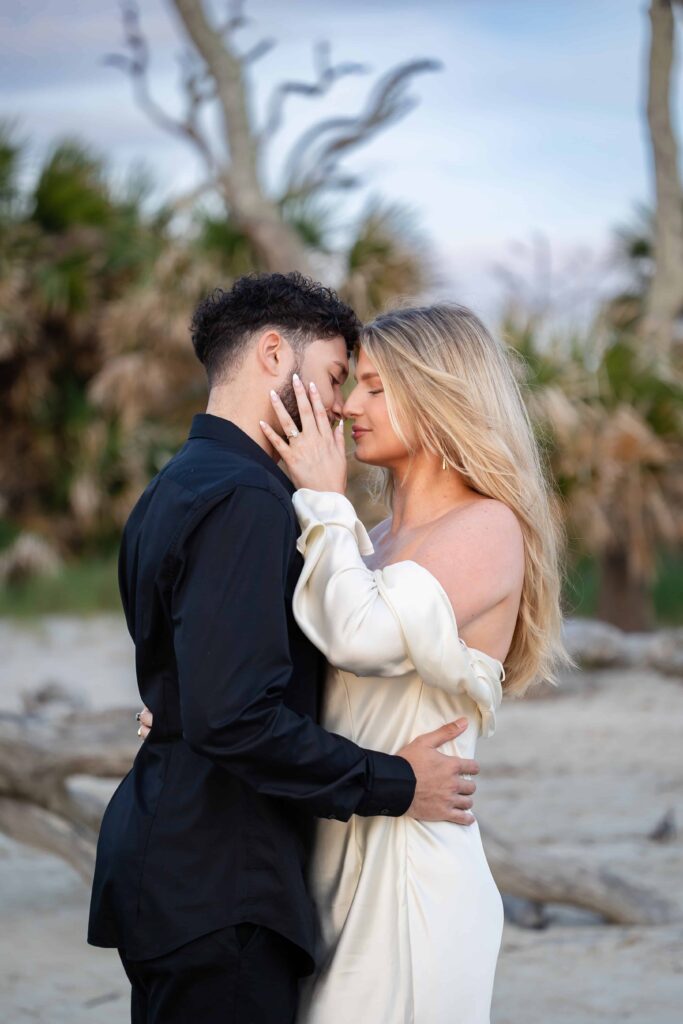 Engagement session - bride in silky cream dress, groom in all black