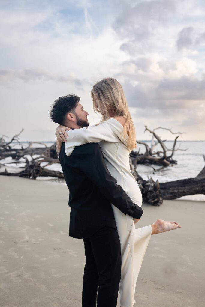 Engagement session - bride in silky cream dress, groom in all black