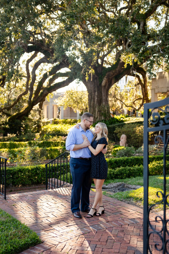 Engagement photos during sunset at the Cummer Museum