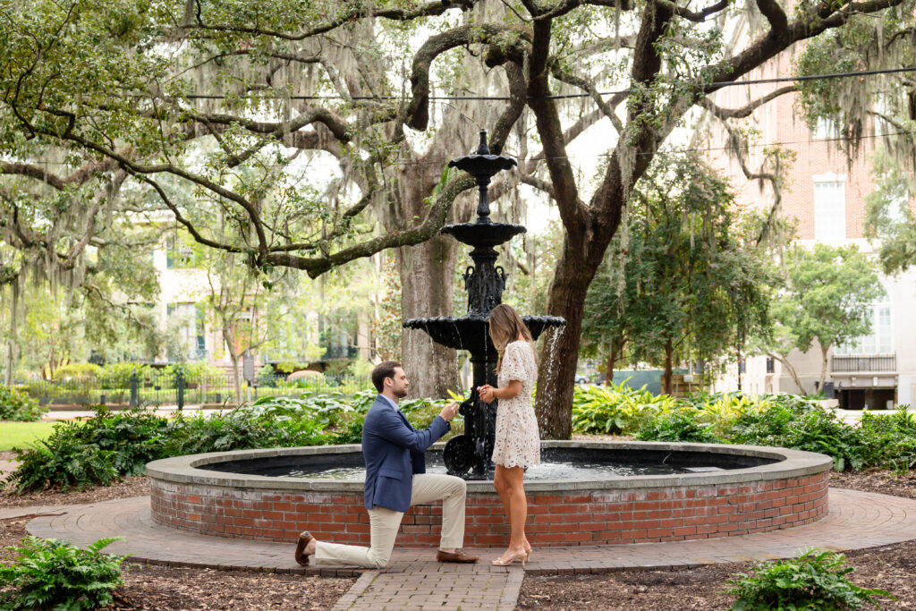 Surprise engagement at Lafayette Square, Savannah