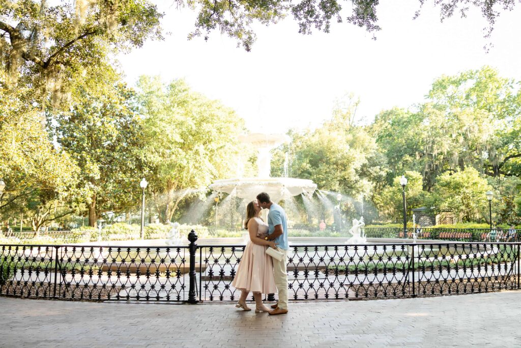 Savannah proposal photographer capturing a surprise engagement at Forsyth Park